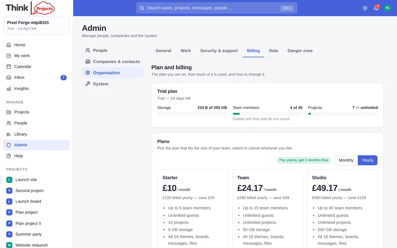 Admin → Organisation → Billing