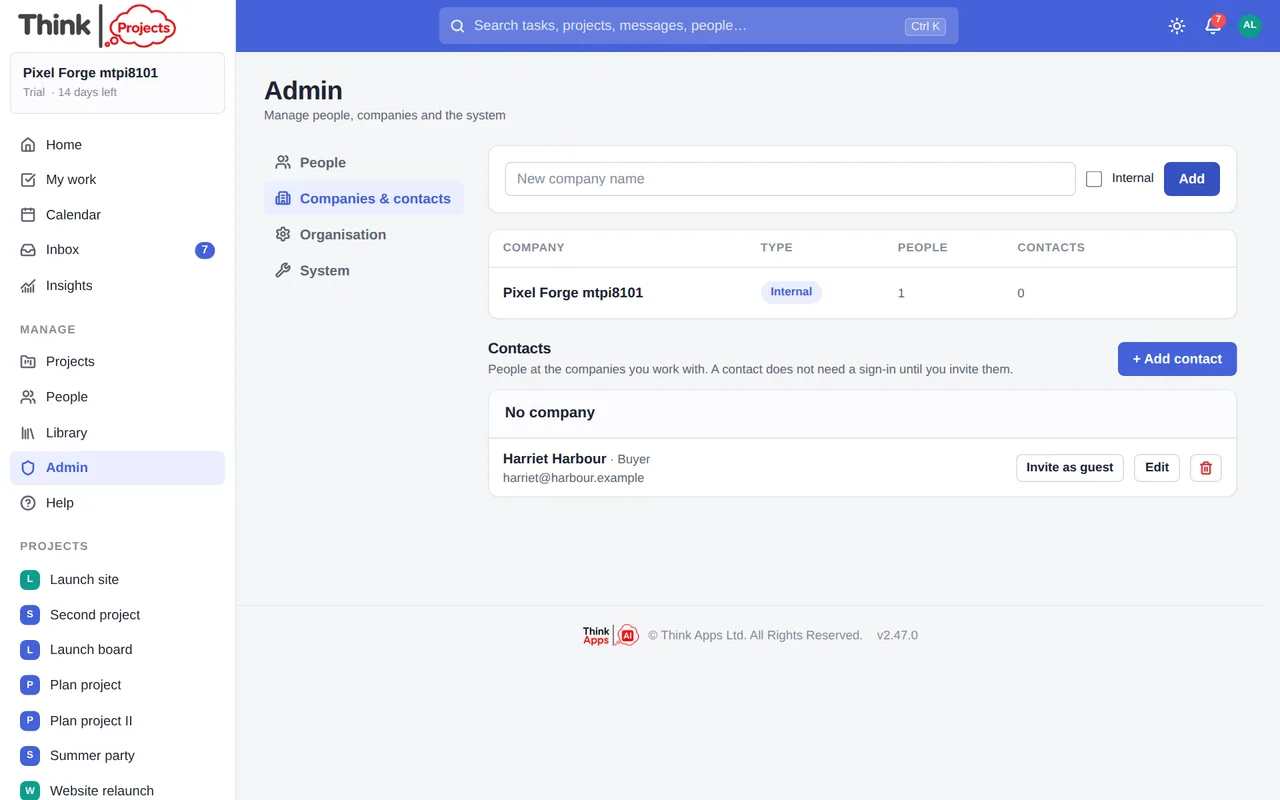 Admin → Companies & contacts