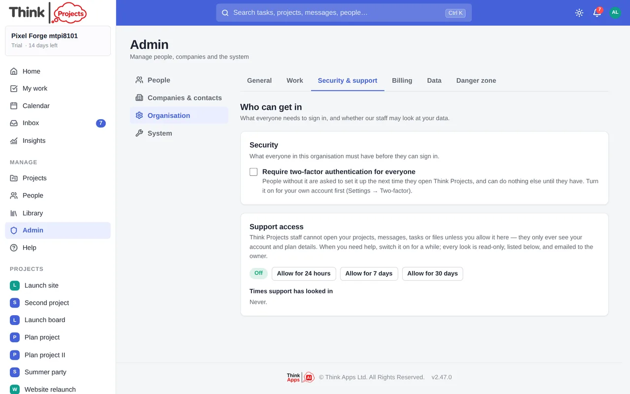 Admin → Organisation → Security & support