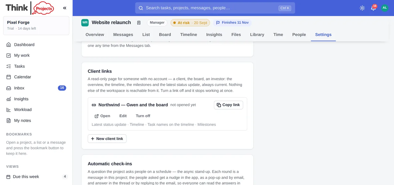 The Client links card in the project's settings