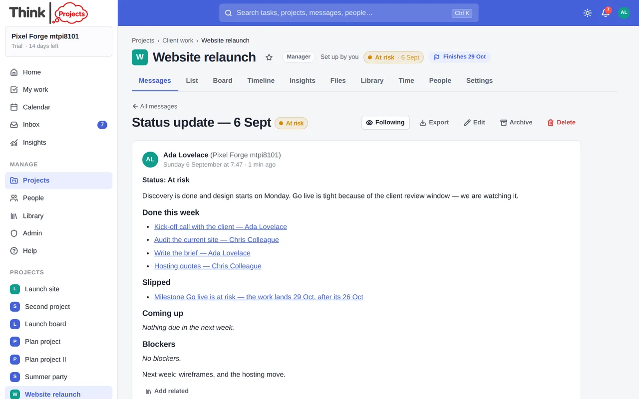 A status update as a message