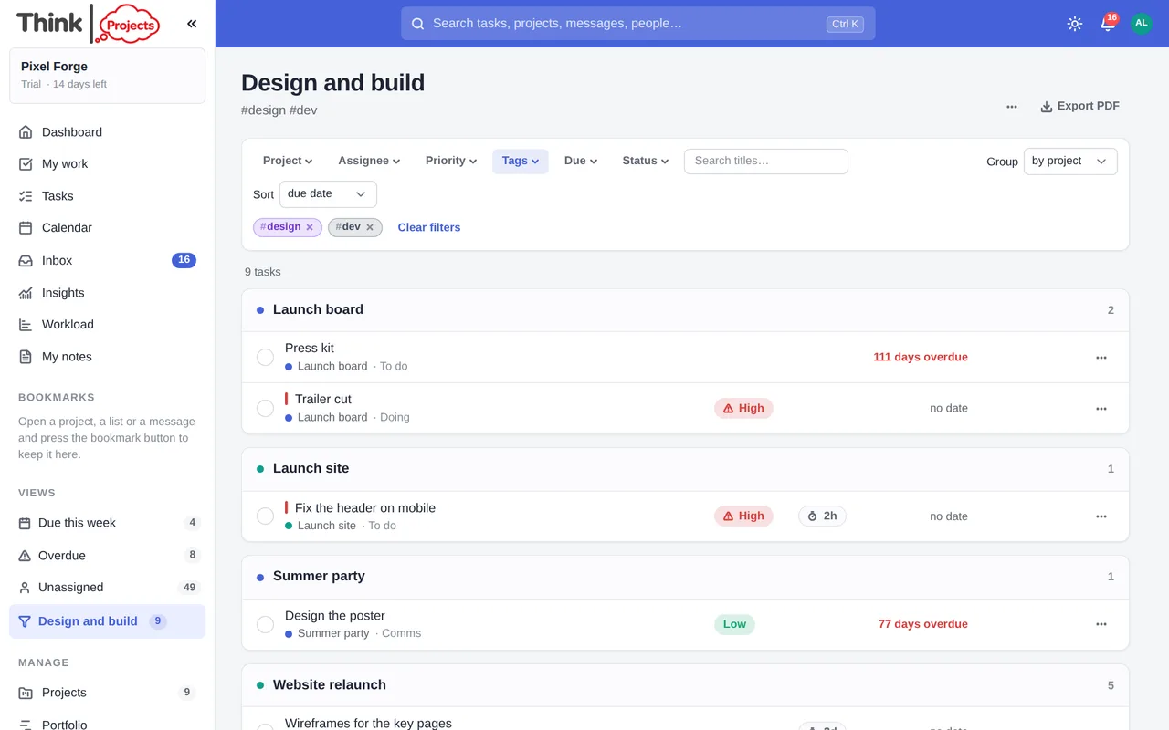 Every open task on every project, filtered and grouped — a saved view from the sidebar
