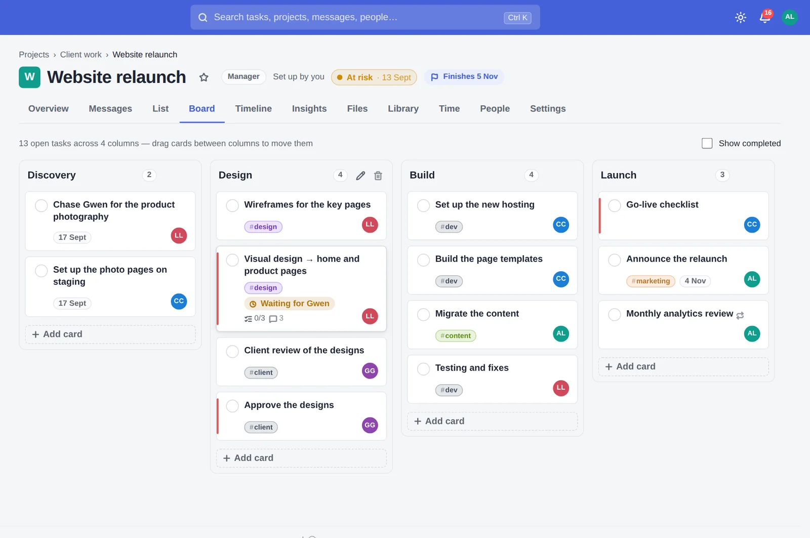 The Board tab: cards in To do, Doing and Done columns