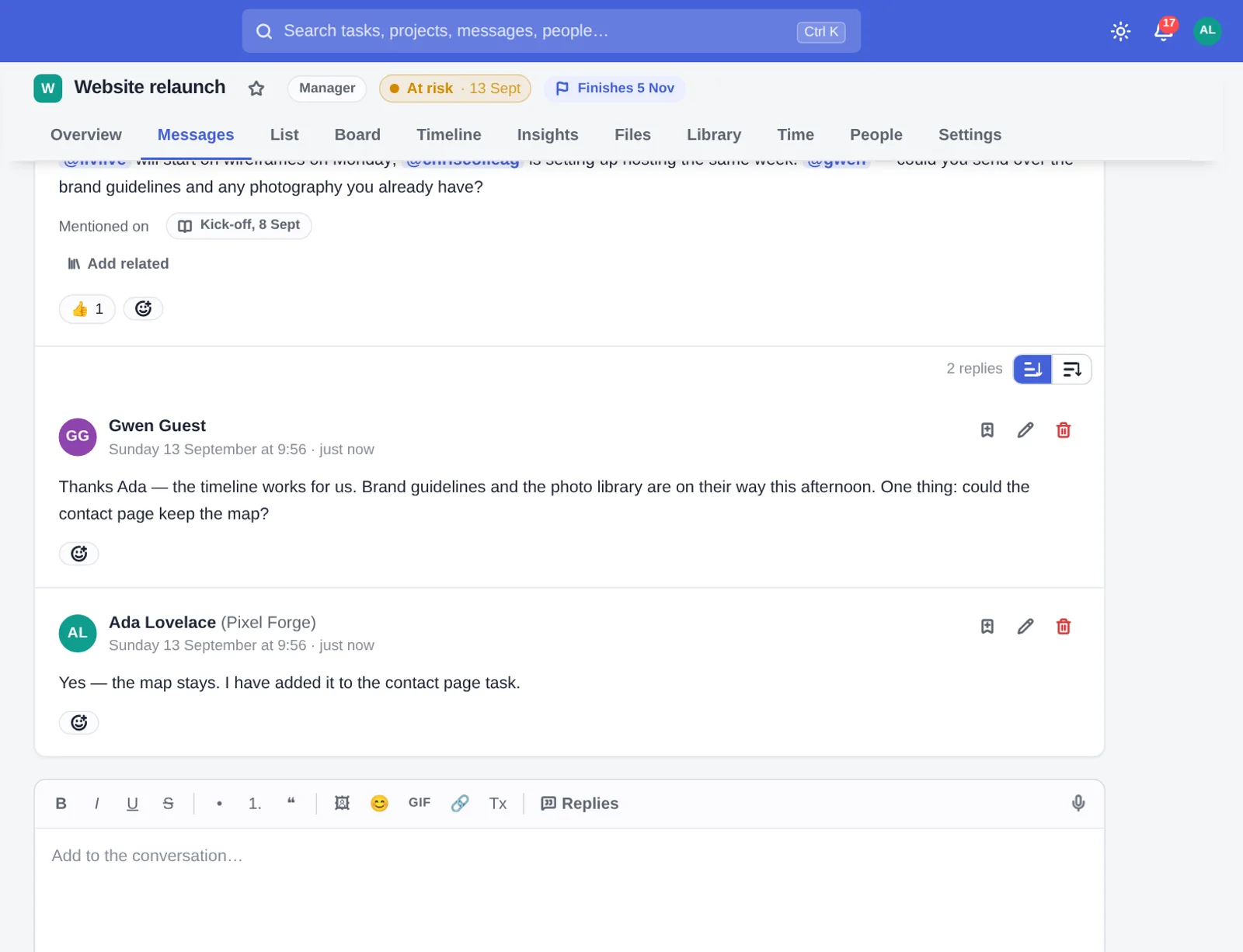 A message thread in Think Projects: the kick-off notes, and the client's reply underneath, sent by email and posted under her name