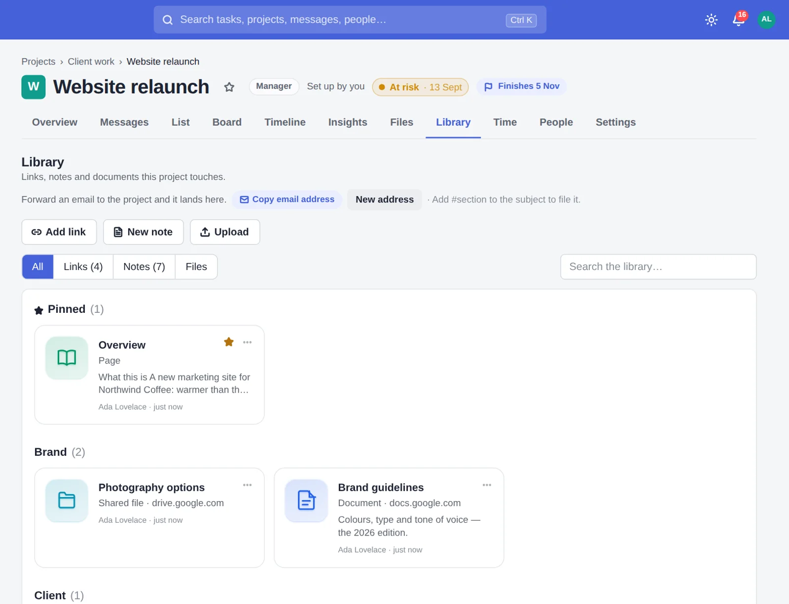 The Library tab: cards for links, notes and files under Brand, Client and Design
