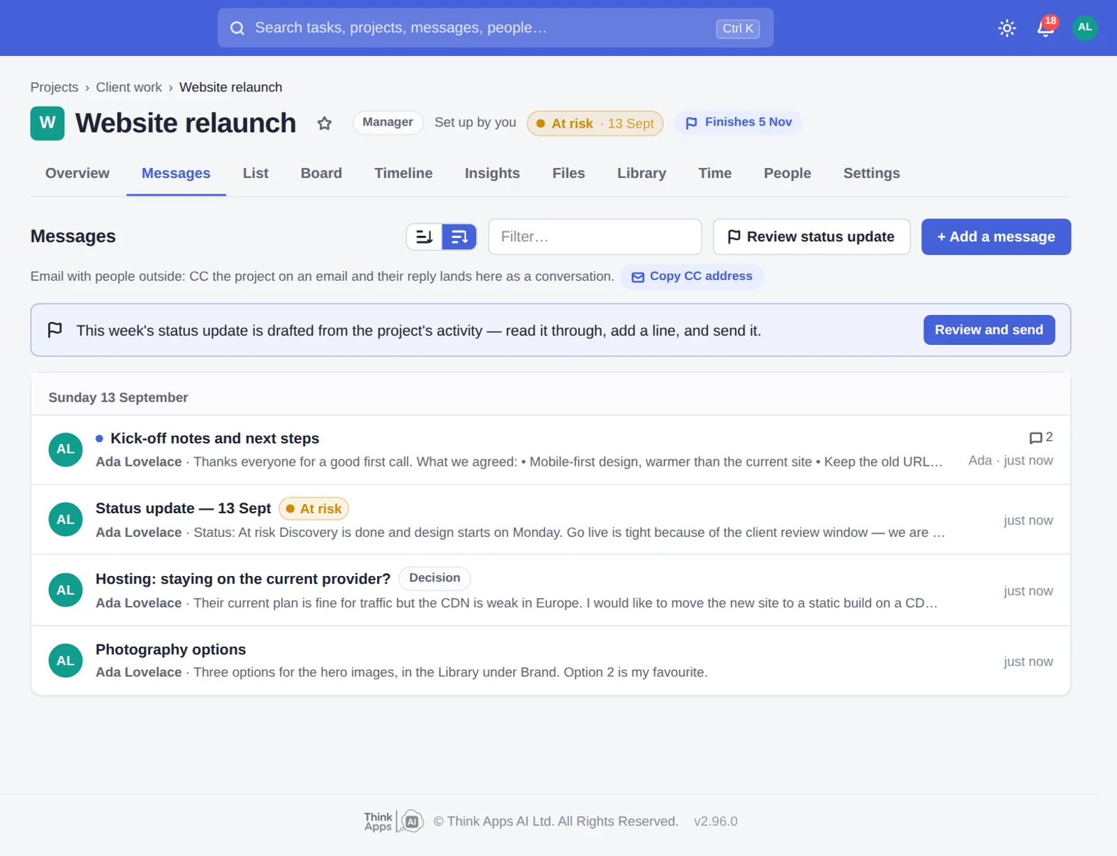 The Messages tab: threads on the project, with who is waiting for a reply