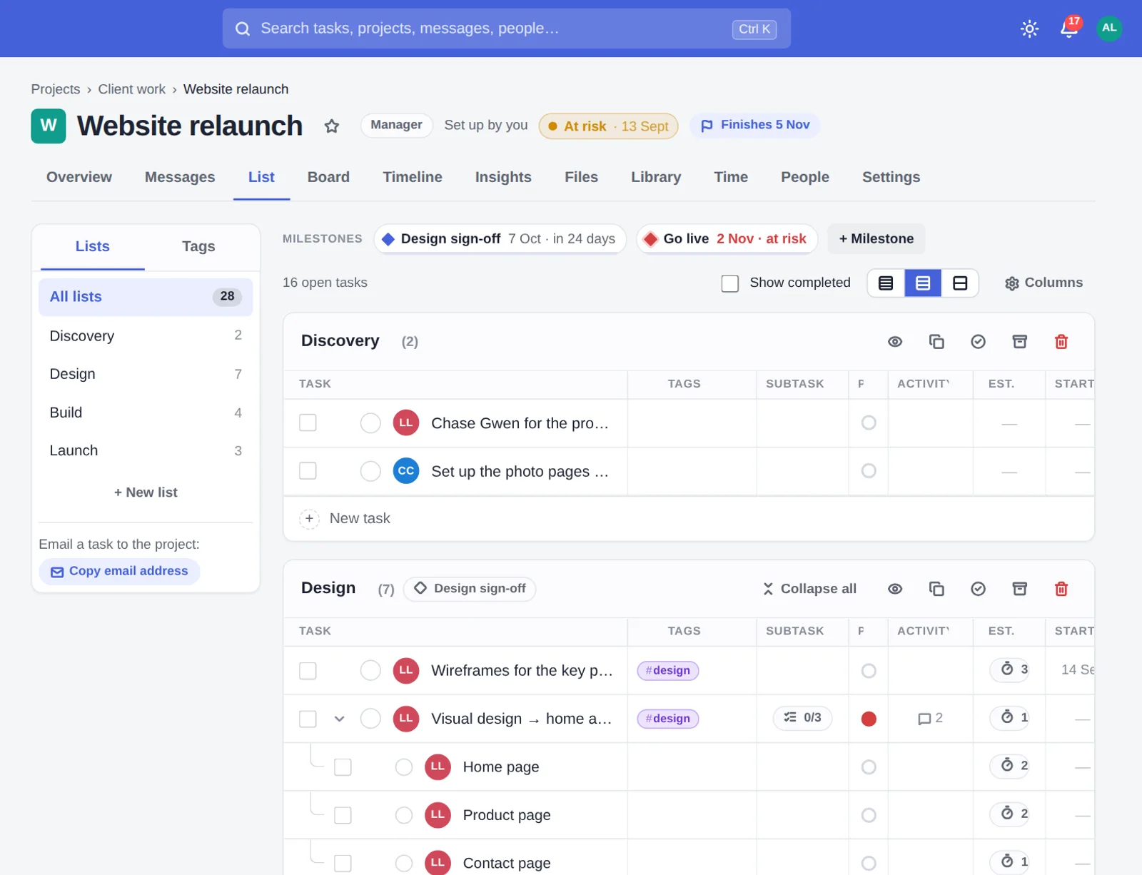 The List tab: task lists with people, dates, estimates and tags