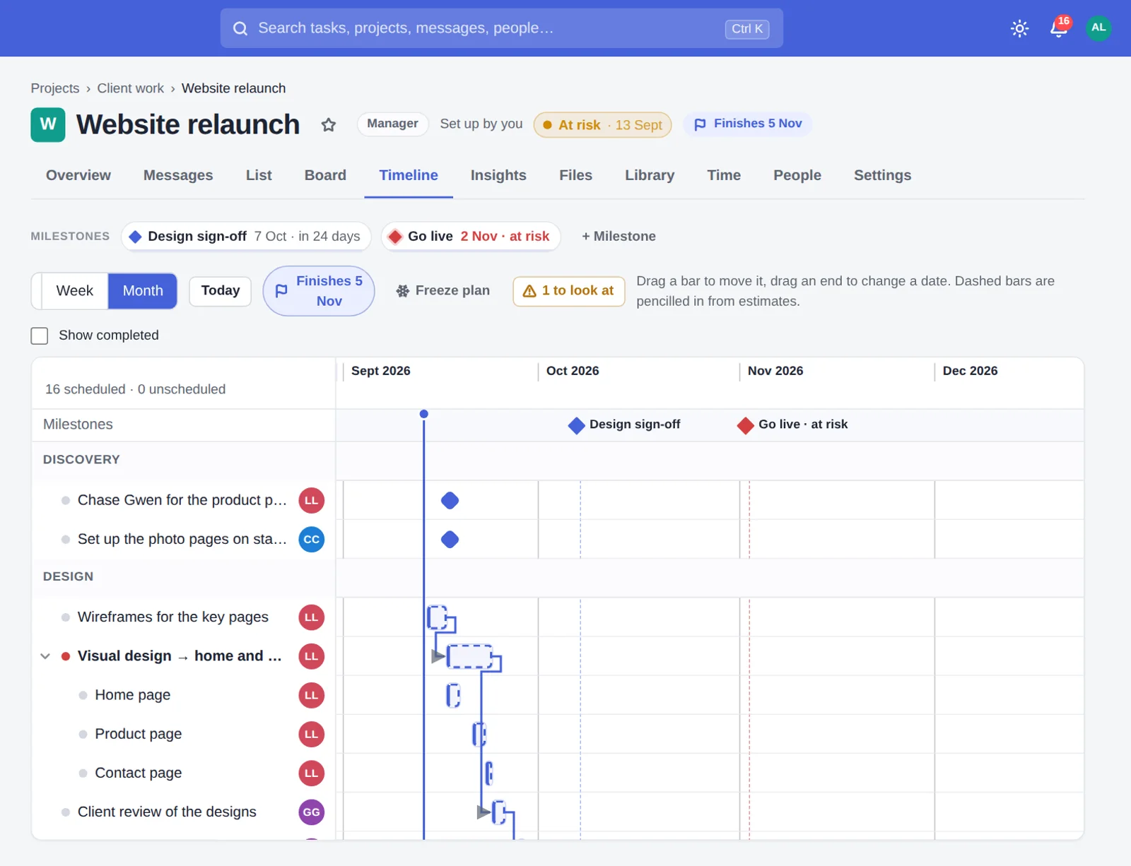 The Timeline tab of a Website relaunch project in Think Projects: two milestones, tasks laid out across September and October with their dependencies, a forecast finish of 4 November and Go live marked at risk